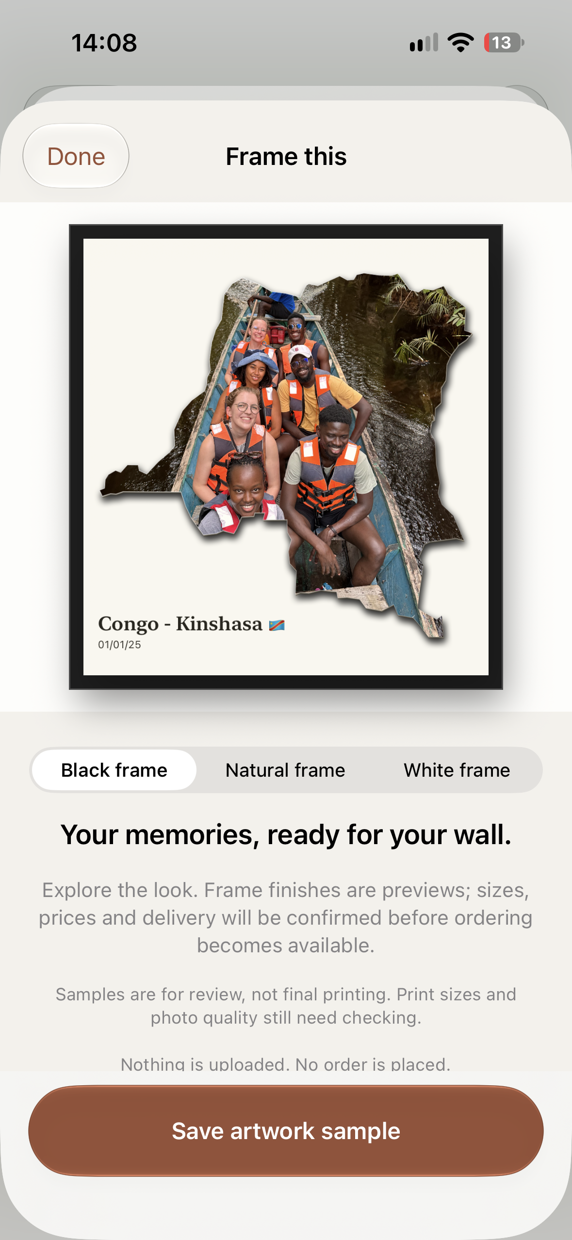 A PhotoMap postcard shown inside a black frame